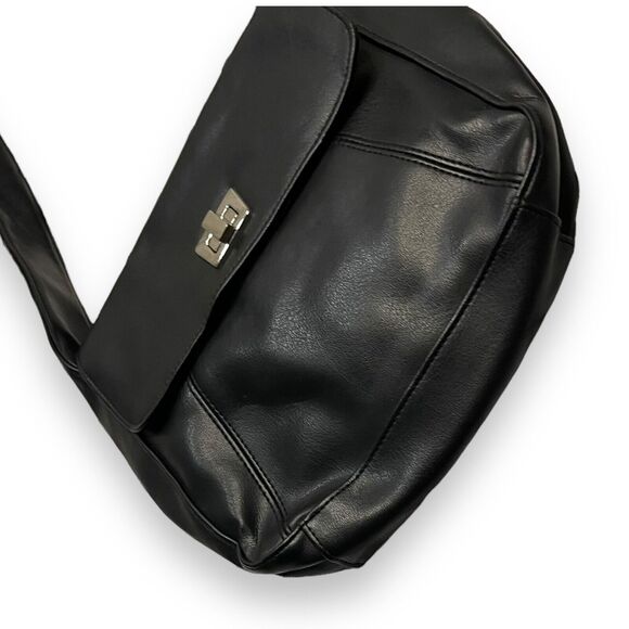 Faux Leather Shoulder Bag Womens Black Pockets Retro Pockets Minimalist Turnlock - Picture 5 of 11